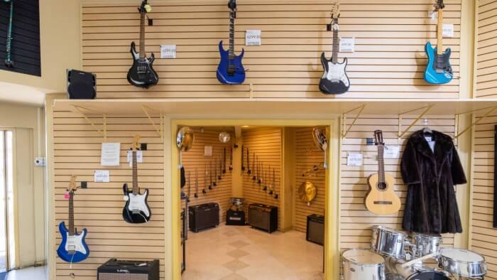 Musical instruments in a pawn shop