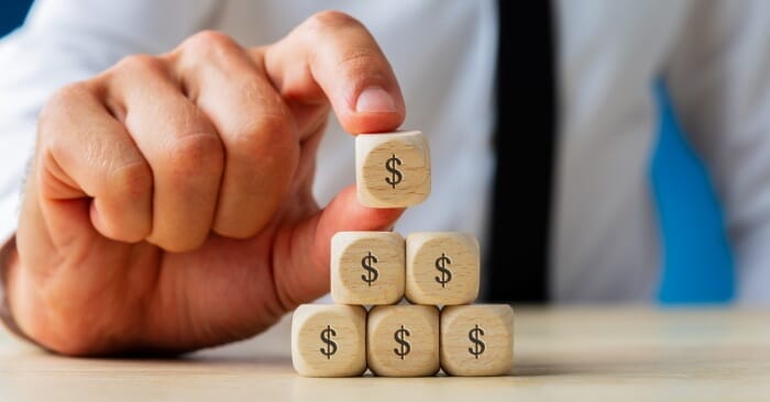 Small wooden blocks bearing dollar signs