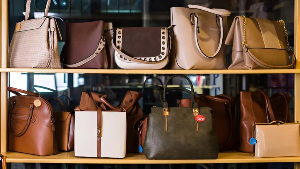 Designer handbags showcased on a shelf, showcasing various luxury brands