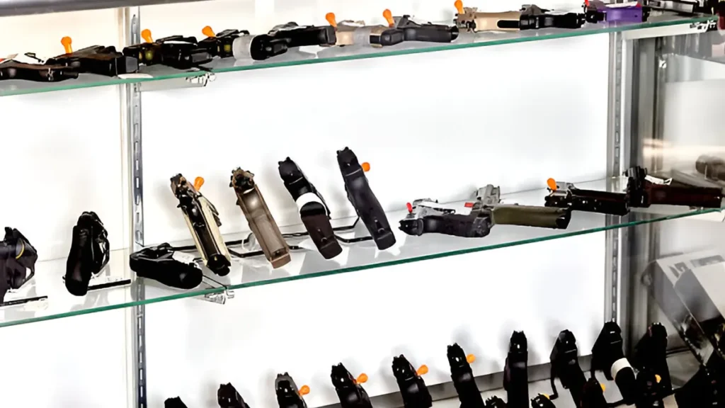 Firearms neatly displayed on a shelf, featuring various models and sizes