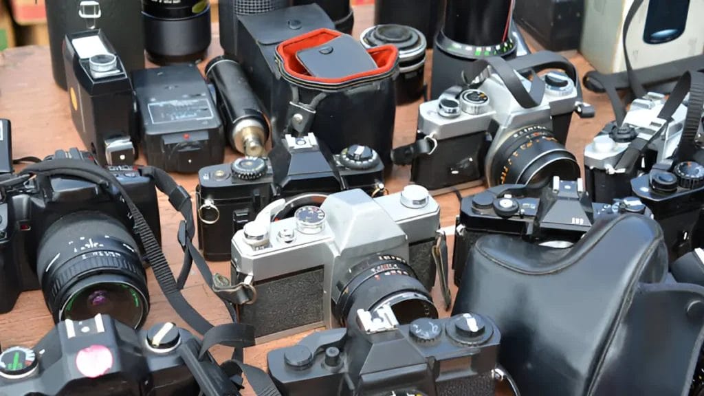high end cameras and microphones are neatly displayed