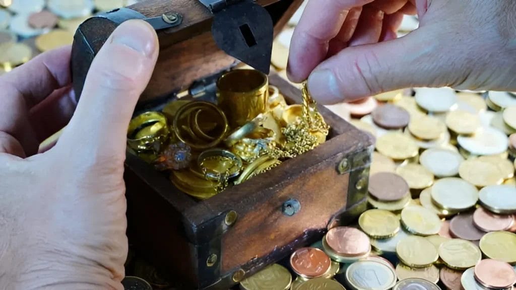 precious metals displayed on a counter including rings and jewelry
