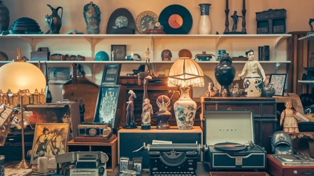 typewriters antique lamps and vinyl record players arranged on a counter